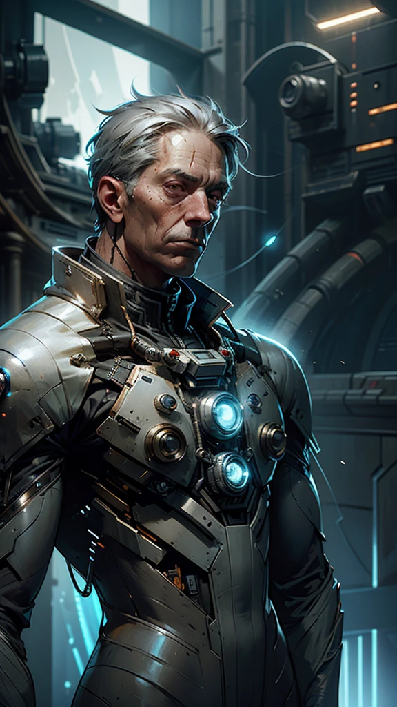 (1 person, old male:1.2), frail, gray eyes, gray hair, Low fade, Style - GravityMagic, portrait, alone, half shot, looking down, detailed background, detailed face, (corrosion, Entropy magic theme:1.1), space traveler, Wearing a stylish dark brown spacesuit, insignia, tech wear, Open your eyes wide and be amazed, Lost in space, dynamic pose, The final frontier, floating particles, Cybernetic Enhancement, With a comet in the background, Epic sci-fi atmosphere,