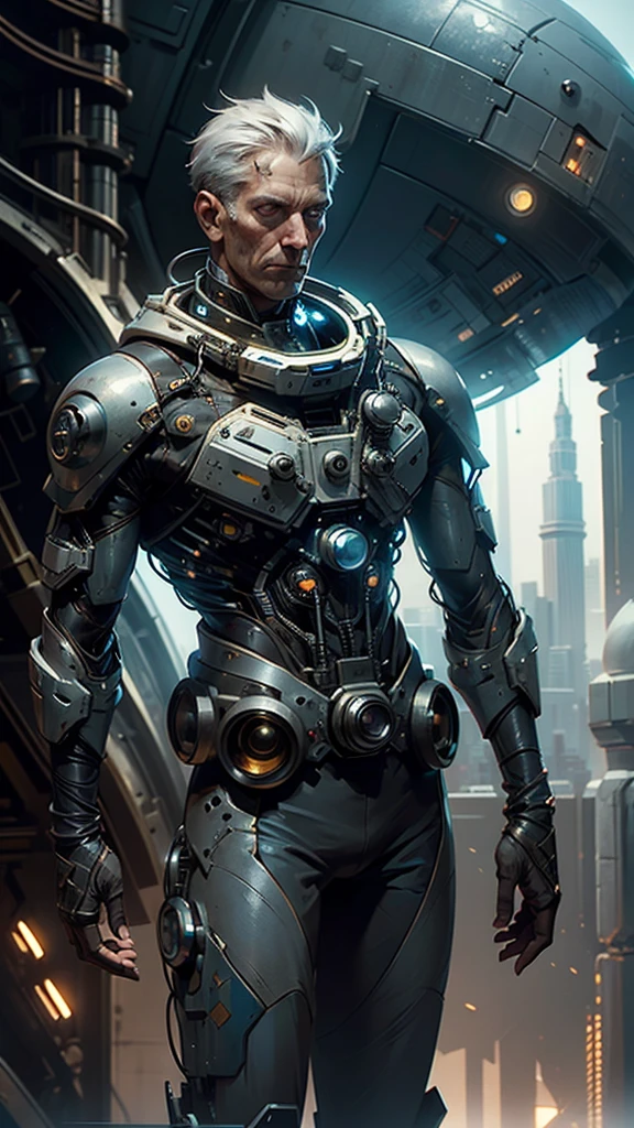 (1 person, old male:1.2), frail, gray eyes, gray hair, Low fade, Style - GravityMagic, portrait, alone, half shot, looking down, detailed background, detailed face, (corrosion, Entropy magic theme:1.1), space traveler, Wearing a stylish dark brown spacesuit, insignia, tech wear, Open your eyes wide and be amazed, Lost in space, dynamic pose, The final frontier, floating particles, Cybernetic Enhancement, With a comet in the background, Epic sci-fi atmosphere,