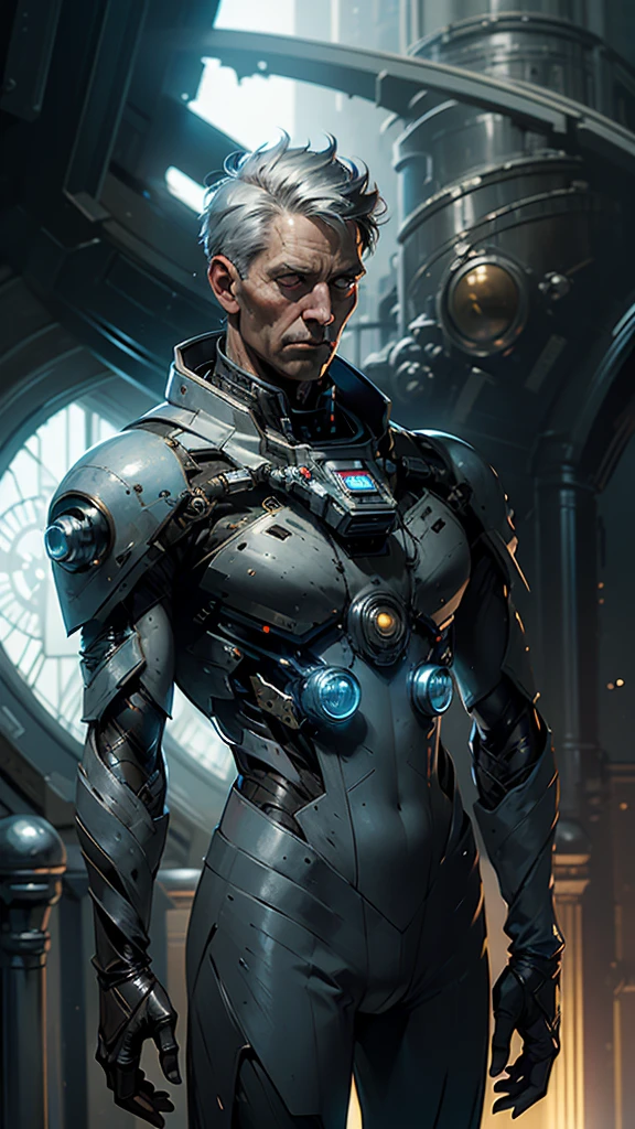 (1 person, old male:1.2), frail, gray eyes, gray hair, Low fade, Style - GravityMagic, portrait, alone, half shot, looking down, detailed background, detailed face, (corrosion, Entropy magic theme:1.1), space traveler, Wearing a stylish dark brown spacesuit, insignia, tech wear, Open your eyes wide and be amazed, Lost in space, dynamic pose, The final frontier, floating particles, Cybernetic Enhancement, With a comet in the background, Epic sci-fi atmosphere,