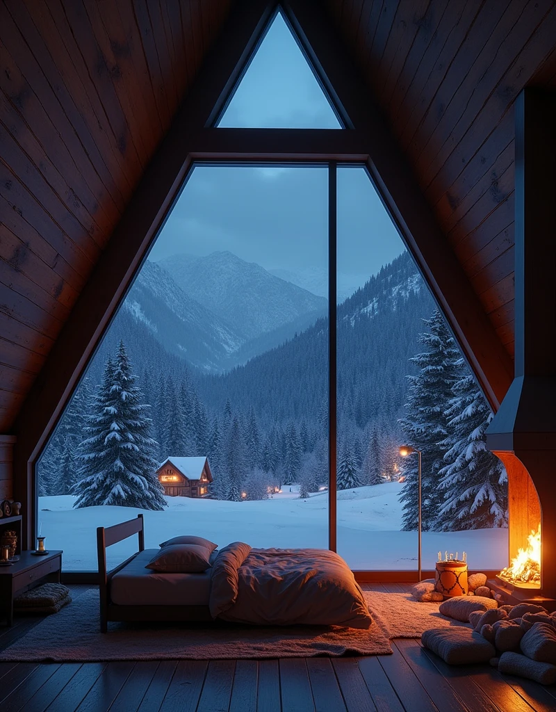 sky dark night .In night christmas. A bedroom in a wooden house made of glass triangular with a fireplace .overlooking outside the white snow in the mountain forest.In the distance, a few small houses lit up with Christmas lights in the forest
