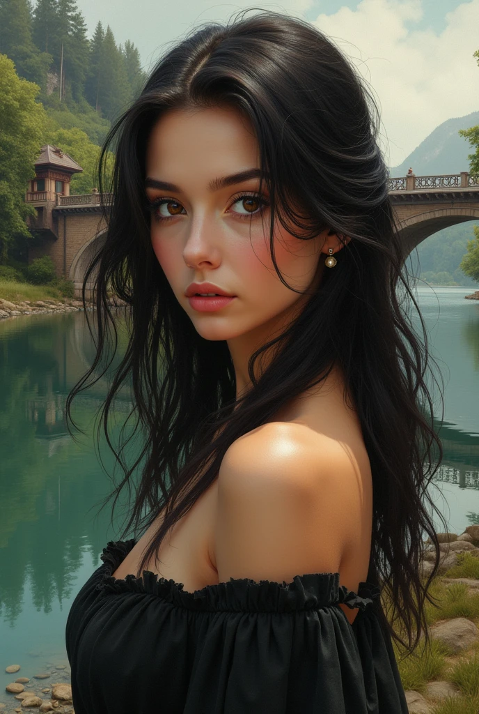 A beautiful woman sharp eye long hair beutiful girl at river side beutiful view with bridge realistic picture