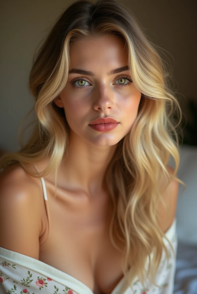 A young and beautiful woman, blonde hair hairstyle,Gently fall to your shoulders in waves, Medium High, big green eyes, with light skin, She was in pajamas, She was in bed, Do hair care before bed, The environment is illuminated by warm and pleasant lights,Make your hair shine, His face was naturally serene, lips with red lipstick, 8k texture, highy detailed, realisitic, soft Cinematic Light, HDR, sharp focus, tmasterpiece, Fotor is realistic, award-winning photography, a Canon EOS R5, 35 mm