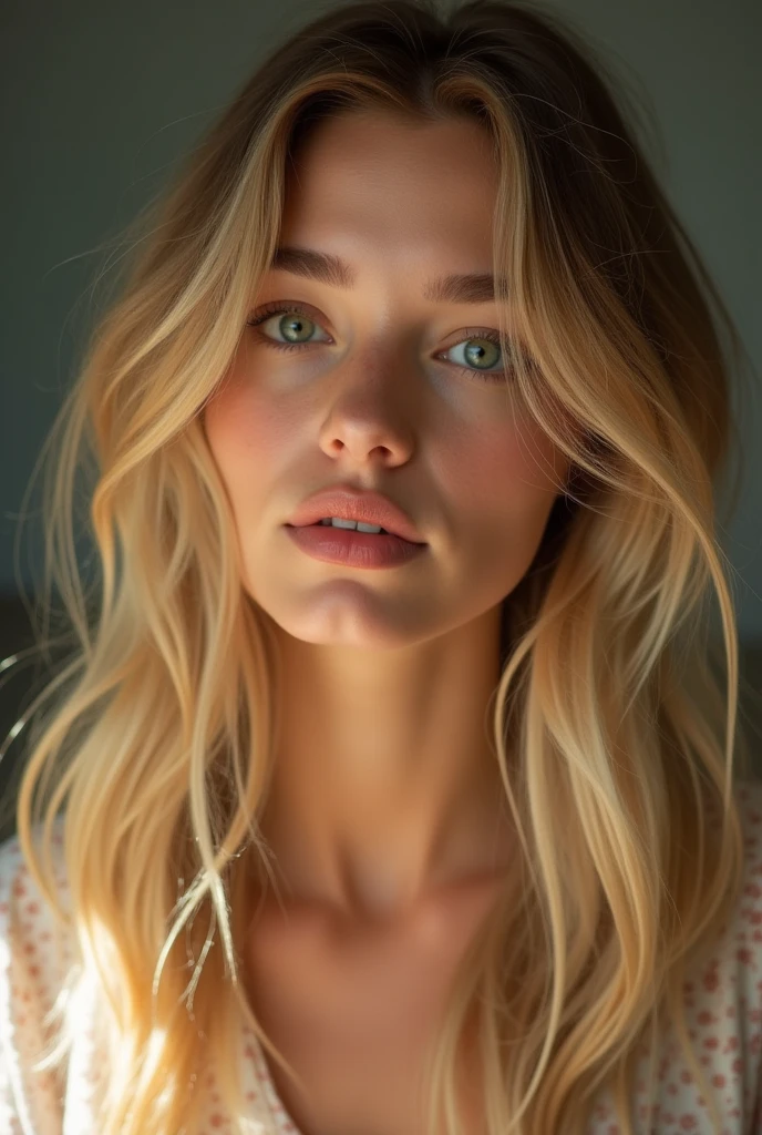 A young and beautiful woman, blonde hair hairstyle，Gently fall to your shoulders in waves, Medium High, big green eyes, with light skin, She was in pajamas, She was in bed, Do hair care before bed, The environment is illuminated by warm and pleasant lights，Make your hair shine, His face was naturally serene, lips with red lipstick, 8k texture, highy detailed, realisitic, soft  Cinematic Light, HDR, sharp focus, tmasterpiece, Fotor is realistic, award-winning photography, a Canon EOS R5, 35 mm