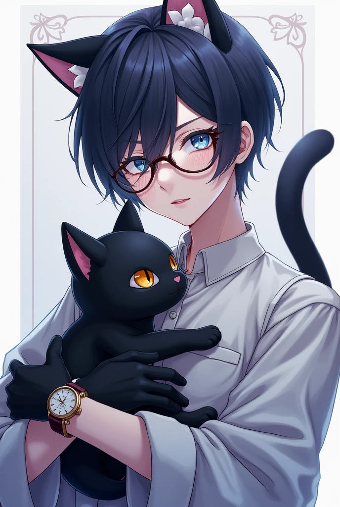 Male, 21 years old, Black hair, Scars, 5’9, Black gloves, icy blue eyes, feminine looking outfit, short hair, Sweet, kind, Watch on his left wrist, Black cat plush, femboy, glasses, cat ears and tail