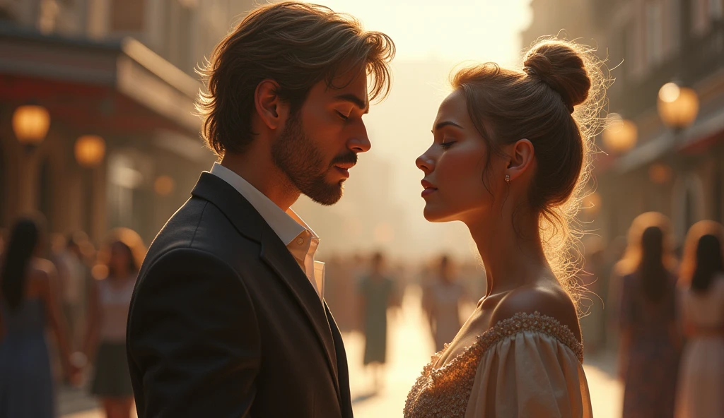 HDR photo, (upper body shot ) of two lovers spooning, detailed face, located in a romantic scene at a beautiful old-fashioned carousel during evening with still weather, illuminated by warm glow, creating a cozy atmosphere, Masterpiece,best quality, photo, realistic, very aesthetic,