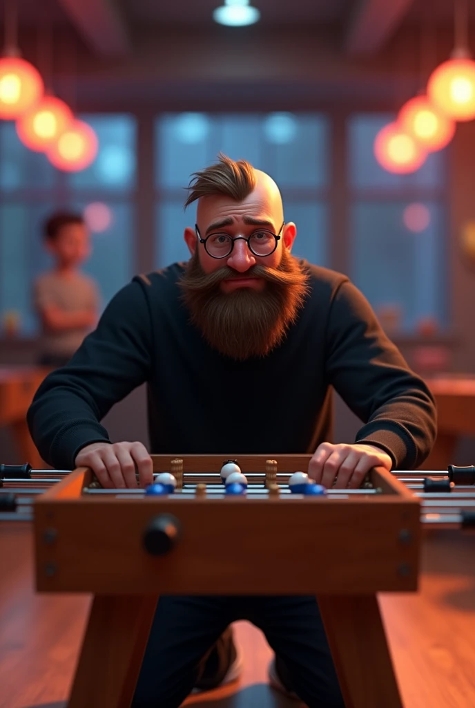 Create a Disney Pixar template image, of a 30 year old adult man crying sadly, devastated, full of tears, tears streaming from the eyes,  kneeling behind a foosball table, with the result of 5x0. This man weighs 80 kilos, wears a black sweatshirt and black pants, black sneakers too. He wears glasses, has a big beard one finger high, with flaws in the cheeks, and he is bald with the type of baldness Androgenetic Alopecia, with messy straight hair but bald in the front