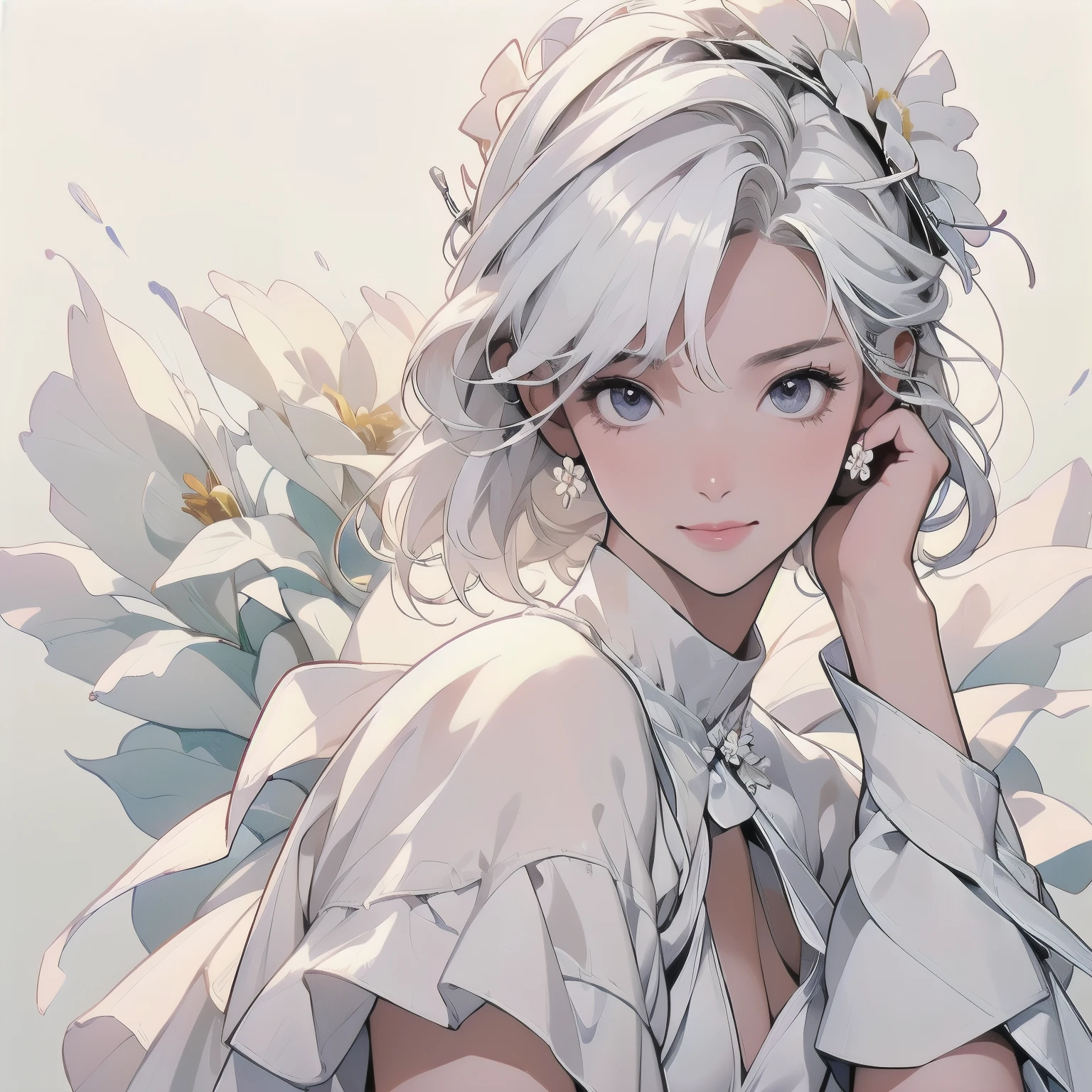 (((trigun)))、Persona、Beautiful woman, Upper Body、Model Pose、A kind smile、Small breasts、Short sleeve、(((white hair))),Lots of flowers、Angel、(((Wear a white cloth on your head)))、detailed hair, (((White flower)))、Fluffy cloth、Big white ribbon