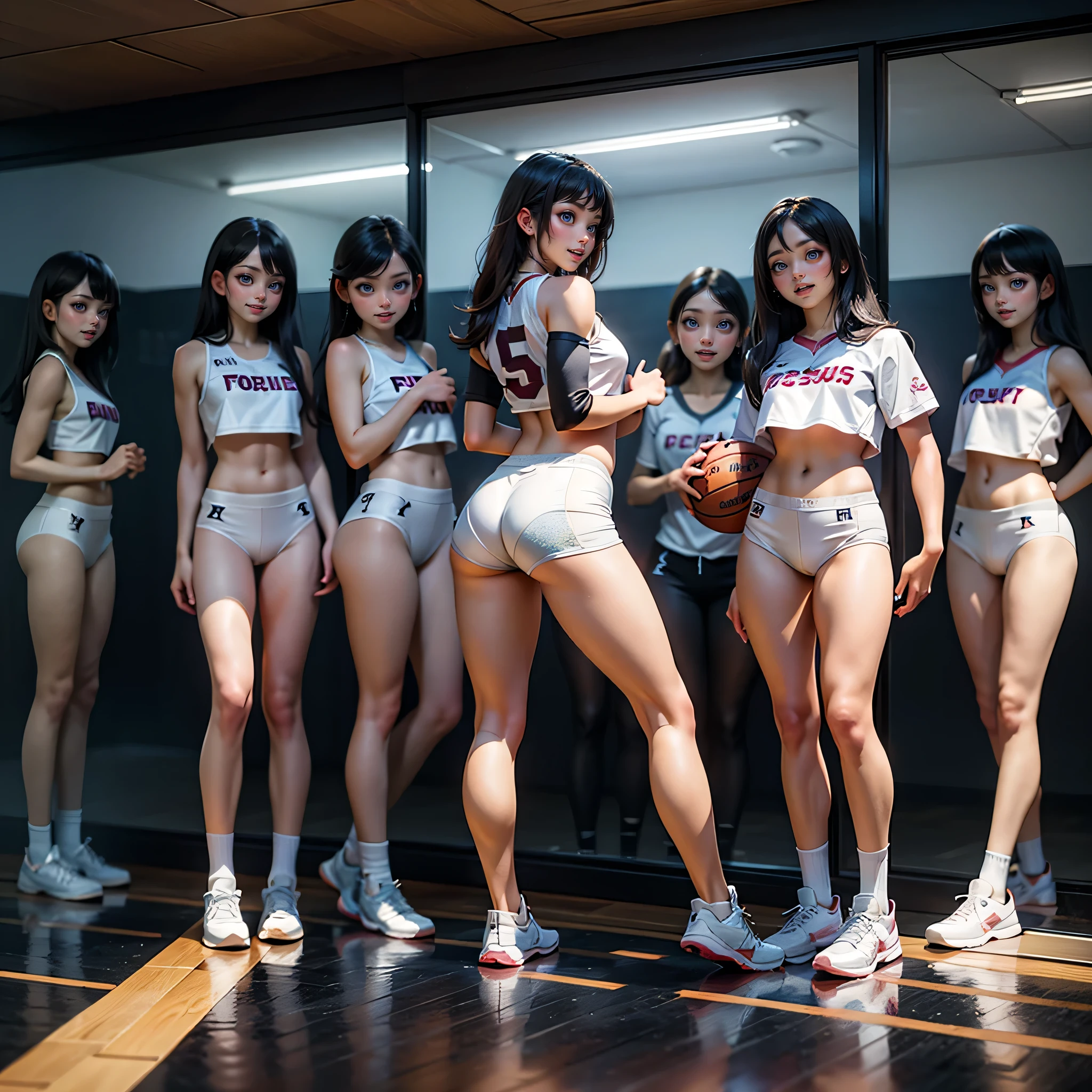 ExtremelyDetailed (((Athletes Team Kawaii Girls in a row:1.4))), Childish perfect face, Reflective Eyes, Detailed(Delicate Clothing textures), Corrected Leg to Foot Line, Corrected Perfect Hand, Dynamic Joyful Expressions LifeLike Rendering, ((Specular Reflection:1.28)), TopQuality 8K Ultra-detailed masterpiece (ProfessionalPhoto:1.37)(Acutance:0.8),(Luminism:1.22), ((Changing Clothes Exposed Underwear))