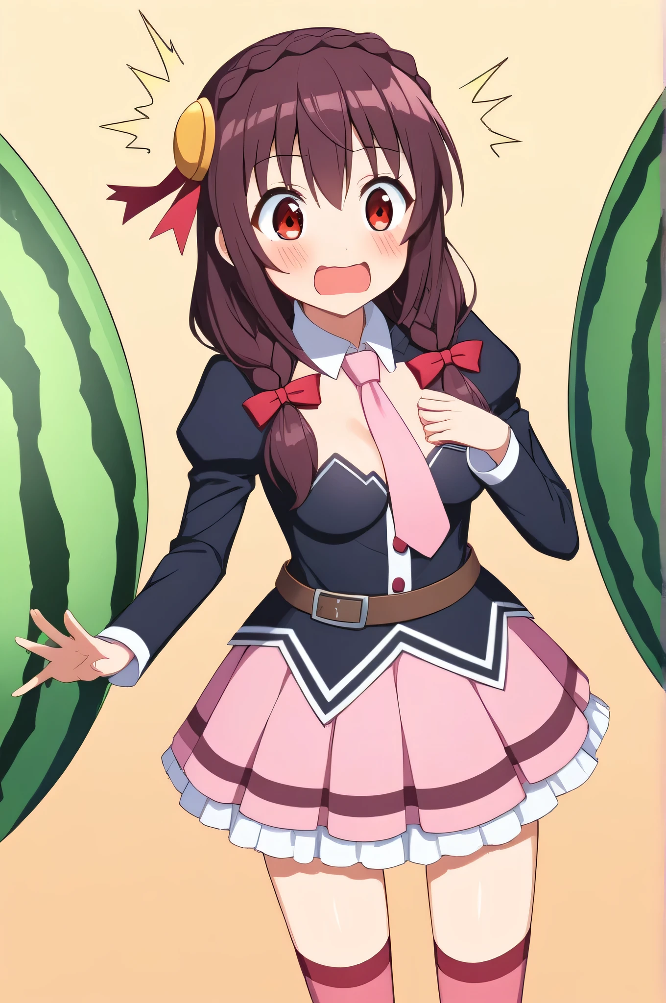 alone, One girl, Yunyun, (Surprised expression:1.5)、 (blush:1.5)、Crown braids of the same color as your hair, Red Eyes、hair ornaments, Hair Ribbon, Pink tie, Long sleeve, Pink Skirt, Knee socks, Cleavage, The background is a watermelon field、Fighting a watermelon with eyes and a mouth