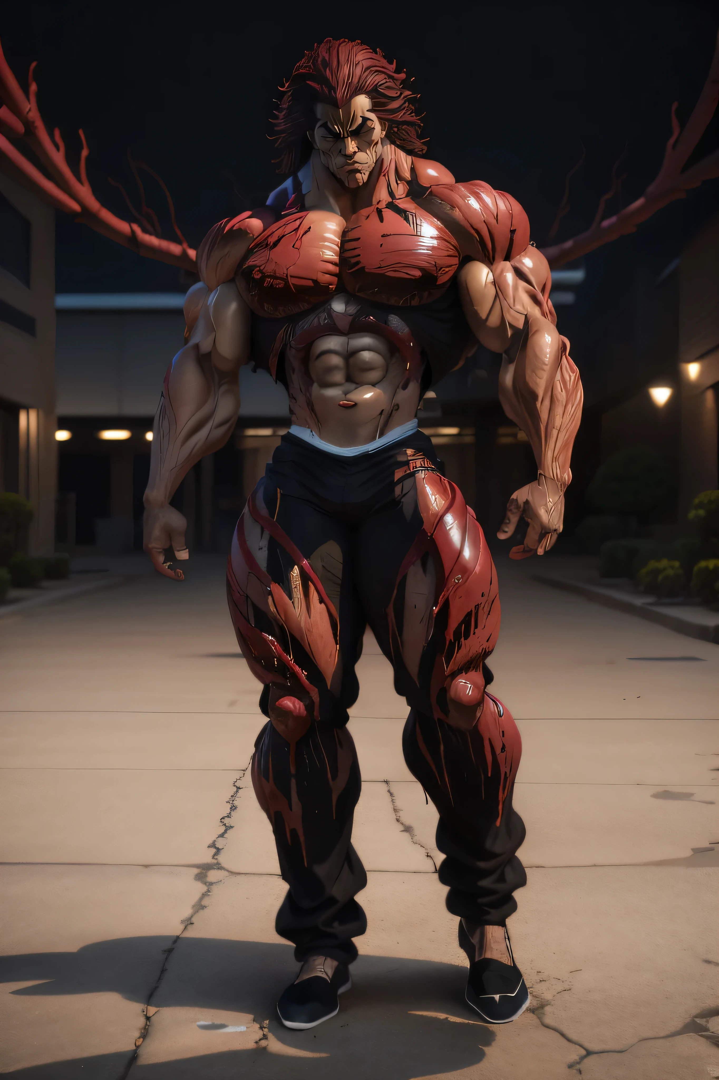 Yujiro Hanma, red hair, see viewer, full body shot, wearing black shirt (carnage physique:1.5), (covered in thick muscle suit:1.5), (exposed perfect anatomy:1.5), (carnage muscle anatomy:1.5), high detail, best quality, masterpiece, finely detail, realistic skin texture, 85 mm art lens, f 1.2, sharp focus, 8 k high definition, insanely detailed, intricate, snow background