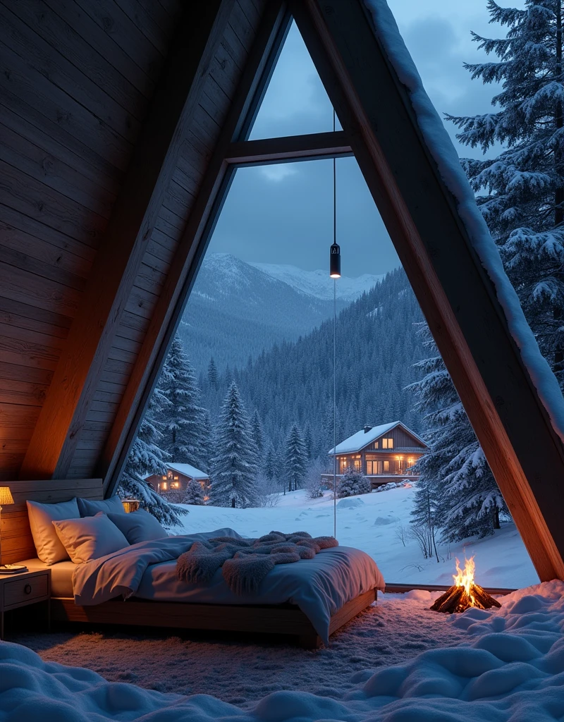   sky dark night .In night christmas. A bedroom in a wooden house made of glass triangular with a fireplace .overlooking outside the white snow in the mountain forest.In the distance, a few small houses lit up with Christmas lights in the forest