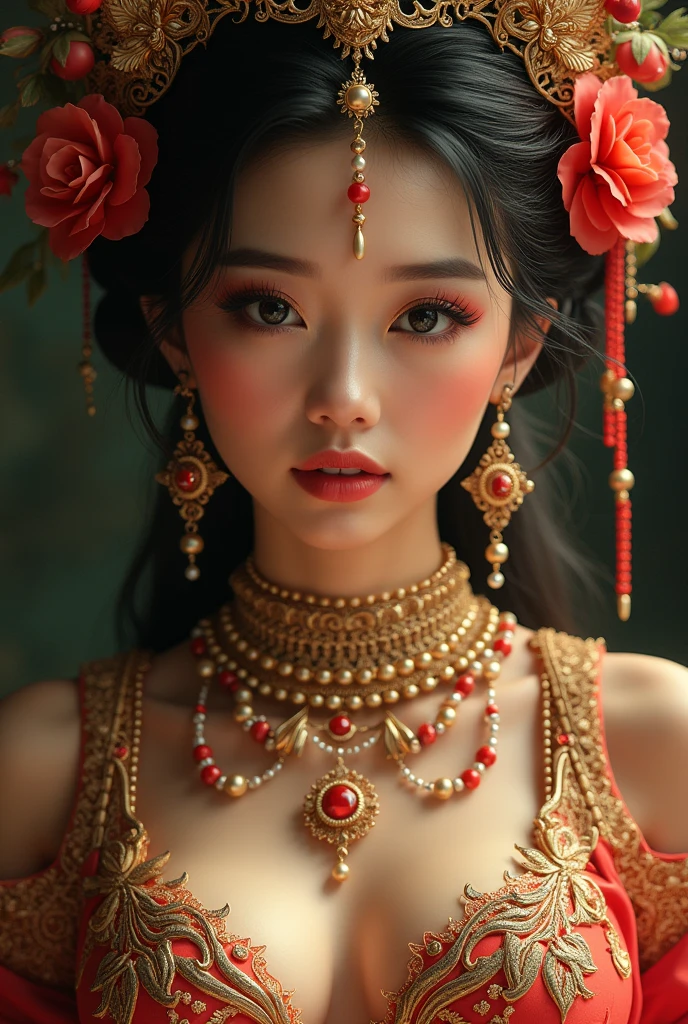 beautiful detailed eyes, beautiful detailed lips, extremely detailed face and eyes, long eyelashes, 1 woman, Indonesian woman, Chinese ancestry, big breasts, blonde hair, detailed skin texture, intricate jewelry, detailed fashion, ornate headdress, dramatic lighting, cinematic composition , vibrant colors, rich color palette, oil painting style, photorealistic, (best quality,4k,8k,highres,masterpiece:1.2),ultra-detailed,(realistic,photorealistic,photo-realistic:1.37) not wearing clothes just wearing clothes inside and full body photo  