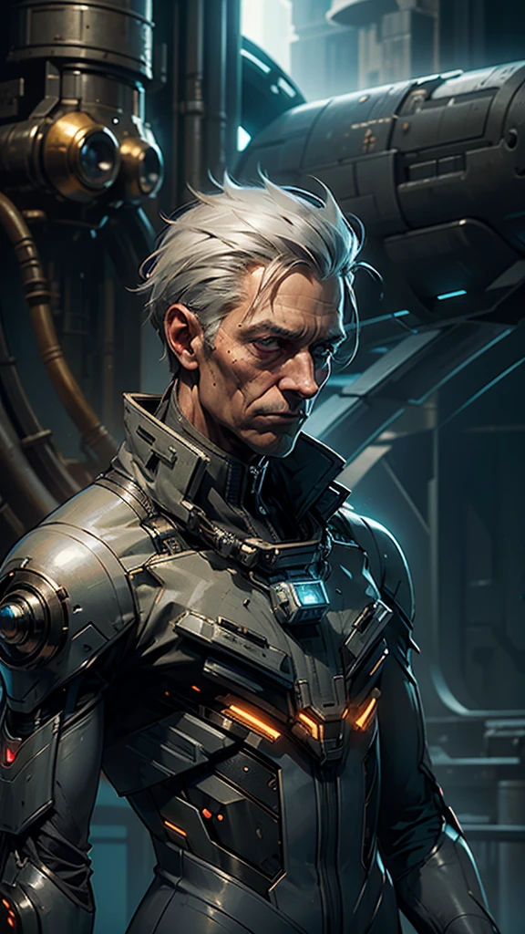 (1 person, old male:1.2), frail, gray eyes, gray hair, Low fade, Style - GravityMagic, portrait, alone, half shot, looking down, detailed background, detailed face, (corrosion, Entropy magic theme:1.1), space traveler, Wearing a stylish dark brown spacesuit, insignia, tech wear, Open your eyes wide and be amazed, Lost in space, dynamic pose, The final frontier, floating particles, Cybernetic Enhancement, With a comet in the background, Epic sci-fi atmosphere,