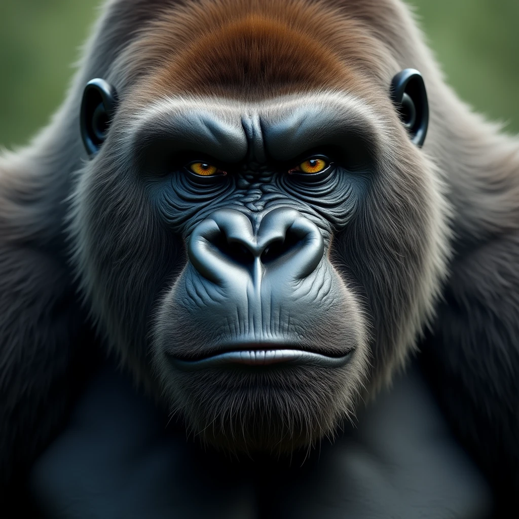 "A hyper-realistic close-up image of a massive gorilla's face, exuding an air of superiority. The gorilla's eyes are half-lidded in a condescending stare, and its mouth is curled into a slight smirk, showing off its sharp teeth. The background is blurred to focus on the gorilla's intimidating and arrogant expression."