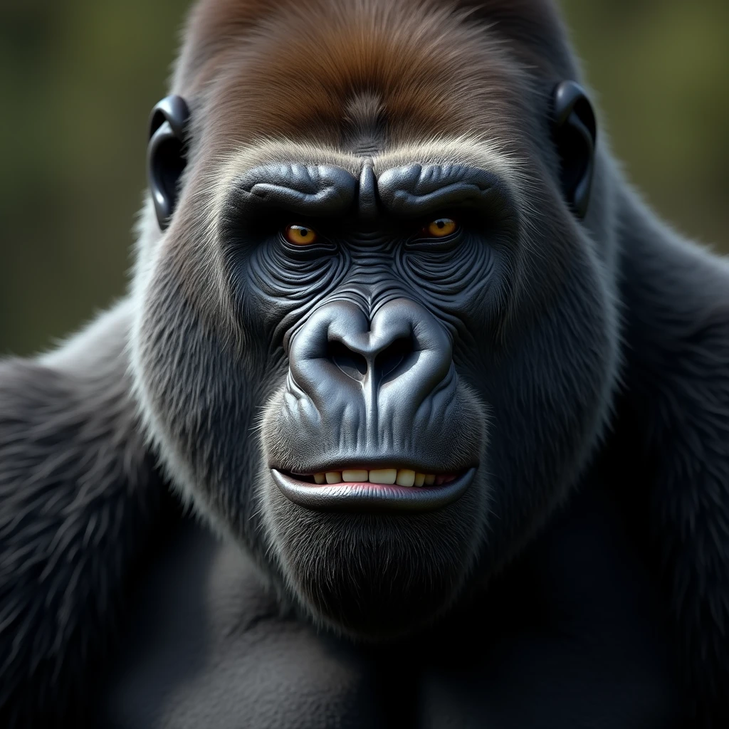 "A hyper-realistic close-up image of a massive gorilla's face, exuding an air of superiority. The gorilla's eyes are half-lidded in a condescending stare, and its mouth is curled into a slight smirk, showing off its sharp teeth. The background is blurred to focus on the gorilla's intimidating and arrogant expression."
