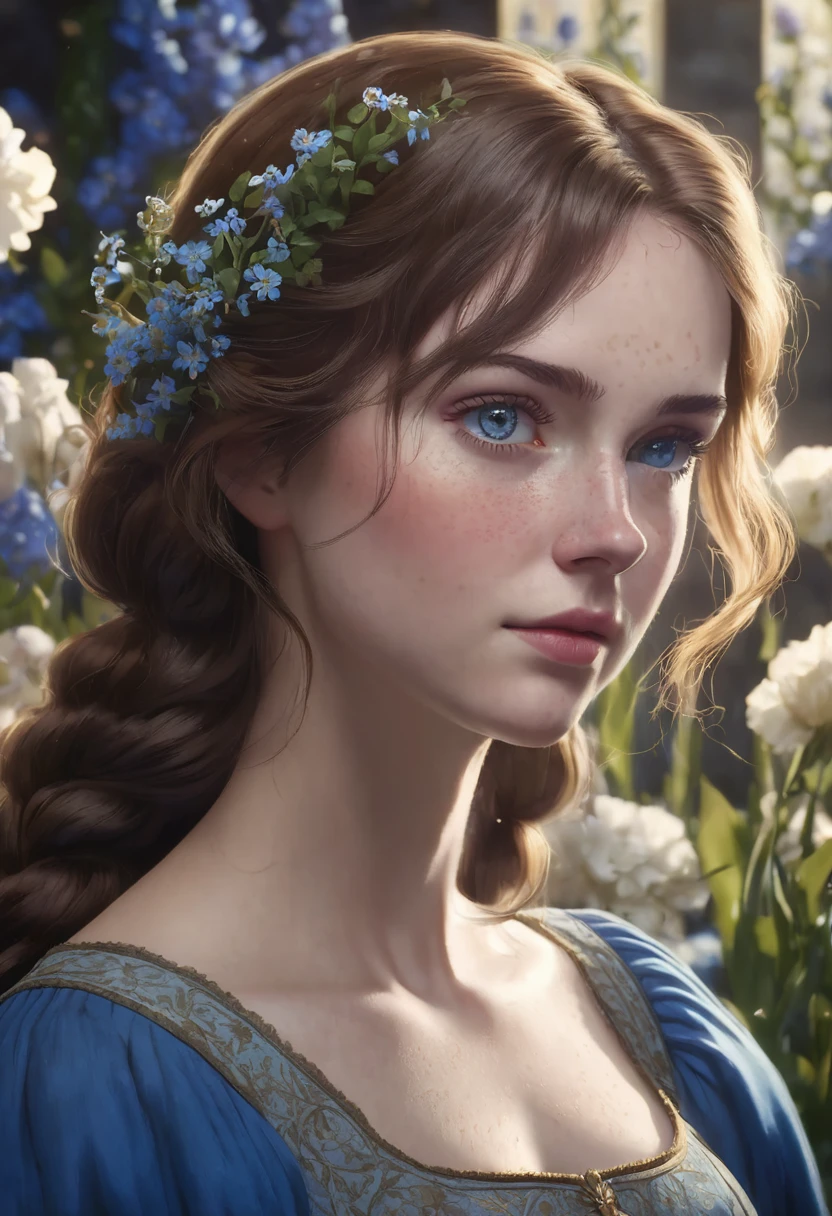 1 woman, with flower garden in the background, wearing a simple blue medieval dress with puffed sleeves, detailed facial features, feminine blue-gray eyes, freckles on her face, detailed fair skin, golden brown hair, dramatic lighting, cinematic composition, dark palette, dark colors, atmospheric haze, thin chin, thin face, thin body, soft face, thin and beautiful woman, adult woman, ultra realistic, close up profile shot, adult woman (best quality, 4K, 8K, high resolution, art: 1.2), ultra detailed (realistic, photorealistic, photorealistic: 1.37)