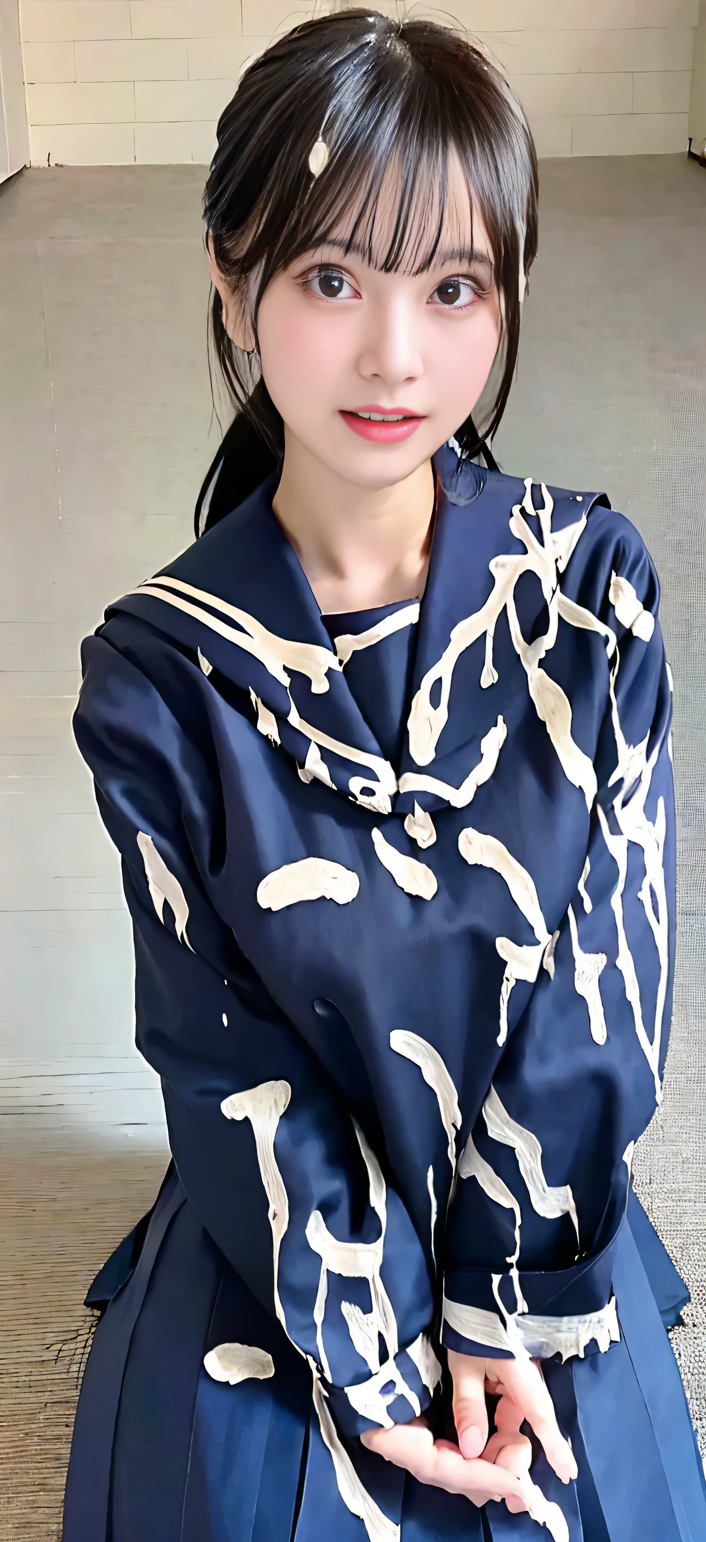 ((Highest quality:1.5))、(Happy expression:1.26)、(NSFW:1.35), RAW Photos、(((Ultimate beauty full body photo shoot:1.5)))、((Glowing Skin))、(((1 girl)))、Beautiful 18-year-old girl from Tokyo、((18-year-old))、((Height: 155cm))、young、Young Face、、Bright Eyes、Detailed face、Fascinating、(A body as voluptuous as an adult)、Waistline、belly button、Exposing the belly button、Small shoulders、Thin arms、Long legs、((Black Hair、Shortcuts:1.2))、skirt、(White socks:1.2)、((Exposing the belly buttonセーラー服、Mini skirt:1.5))、Spread your legs、(((Sit on a chair with your legs wide open:1.75)))、(Micro Skirt、high waist)、((Lift up your skirt to show your panties:1.5))、skirt lift、((Low Angle:1.0))、((Very detailedな))、(Perfectly detailed face)、(Detailed hands) 、(finger details)、(Excellent anatomy)、Photorealistic image masterpiece、最High resolution、Very detailedな、Film Light、Intricate details、High resolution、Very detailed))、Detailed Background、8 time、Digital single-lens reflex camera、Soft Light、High resolution、Film Grain、Fujifilm XT3、Shallow depth of field、Natural soft light、god々、classroom、School Machine、Chair、blackboard、((Very large breasts bigger than a face:1.75))、 ((Drenched in a very realistic amount of semen)), ((A very realistic whole body covered in a huge amount of semen:1.99)),((NSFW:1.35))