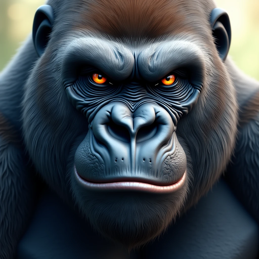 "A highly detailed close-up illustration of a gorilla's face, with a majestic and powerful presence. The gorilla's brow is furrowed in a haughty expression, and its lips are twisted into a mocking grin. The background is softly blurred, emphasizing the gorilla's regal and disdainful demeanor."