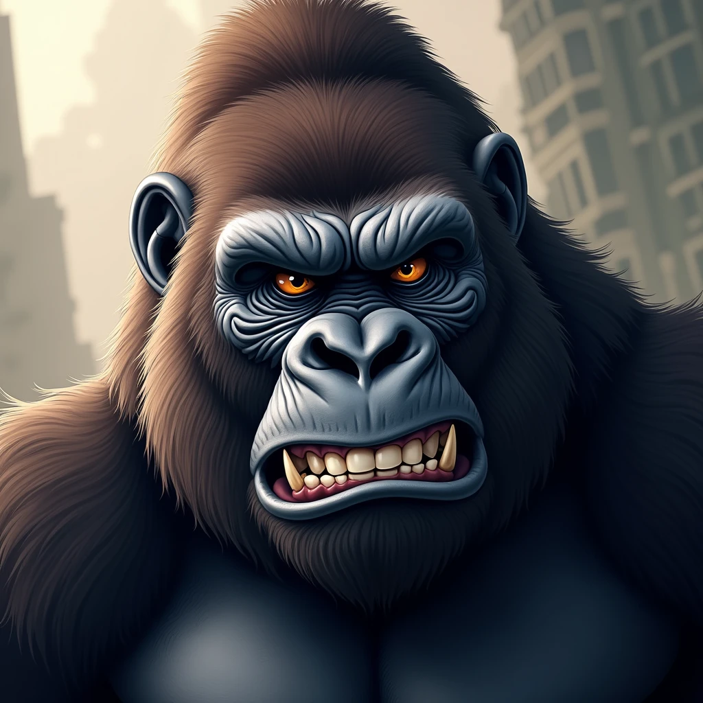 "A highly detailed close-up illustration of a gorilla's face, with a majestic and powerful presence. The gorilla's brow is furrowed in a haughty expression, and its lips are twisted into a mocking grin. The background is softly blurred, emphasizing the gorilla's regal and disdainful demeanor."