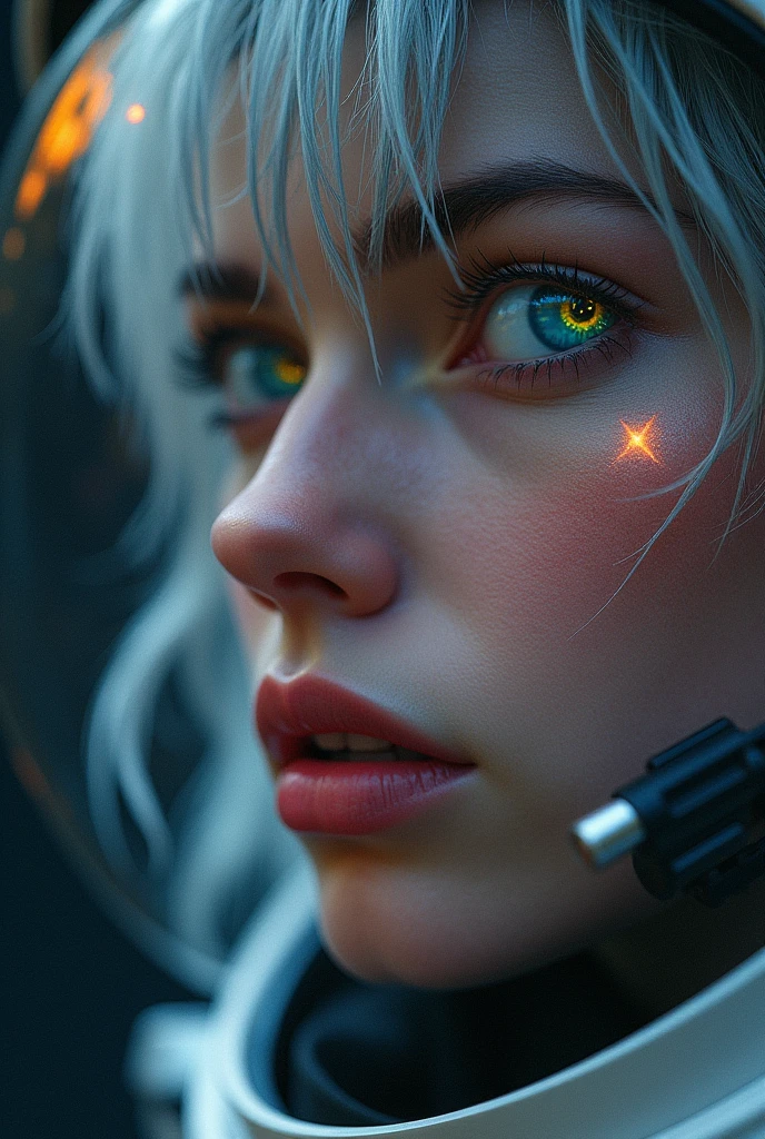 (Close-up of a better masterpiece:1.5)0.9], (Space and astronauts:1.2) (Messy silver hair:1.1) (Heterochromia xanthochromia and blue eyes:1.2) (Space Helmet:1.0) (Colored stars in the eyes:1.0) (A radiant glow:1.1) (thick lips:0.9)