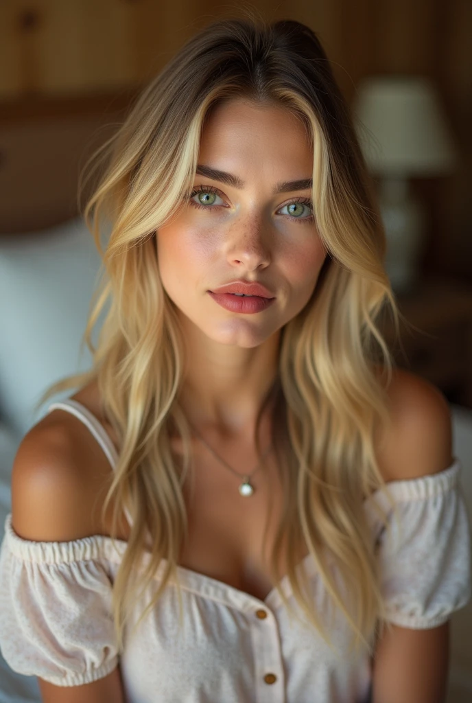 A young and beautiful woman, blonde hair hairstyle,Gently fall to your shoulders in waves, Medium High, big green eyes, with light skin, She was in pajamas, She was in bed, Do hair care before bed, The environment is illuminated by warm and pleasant lights,Make your hair shine, His face was naturally serene, lips with red lipstick, 8k texture, highy detailed, realisitic, soft Cinematic Light, HDR, sharp focus, tmasterpiece, Fotor is realistic, award-winning photography, a Canon EOS R5, 35 mm