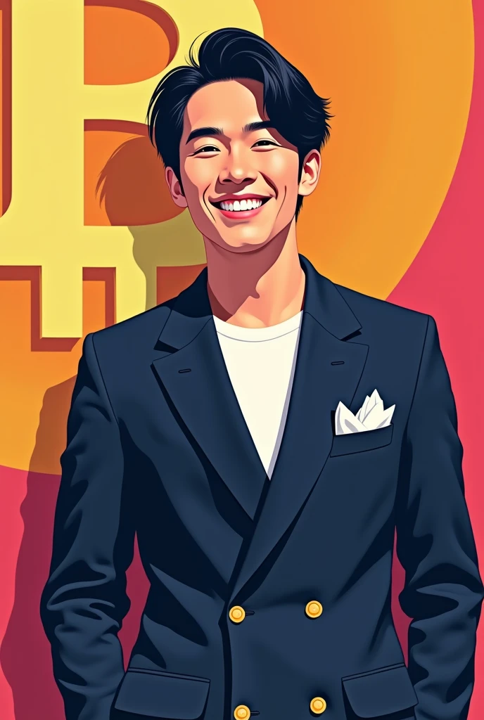 (masterpiece, Highest quality:1.1),Pop Art,Flat Color, Man in Black, A man wearing a navy blue double-breasted jacket,The jacket is buttoned,Her hair is semi-long and center-parted.,Bitcoin background, Dynamic Angle,35-year-old male,Japanese men,A white T-shirt underneath the jacket,smile,White teeth visible,The head is placed within the frame,Hairstyle is two blocks,White pocket square,