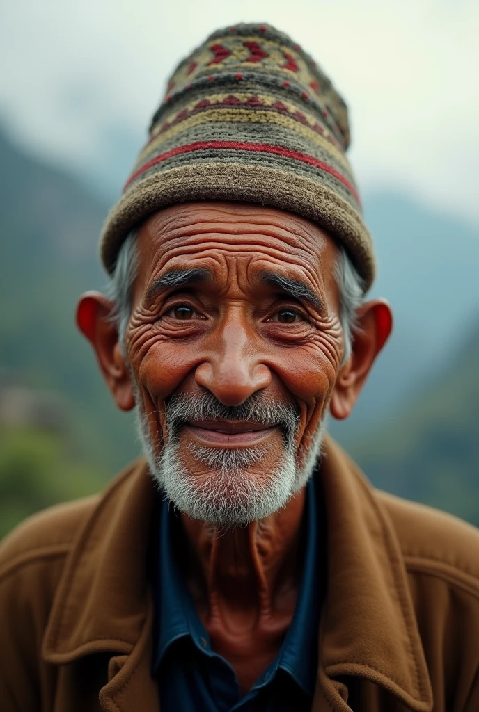 Greeting Namaste Old Asian faced Nepali  Male wearing Dhaka Topi