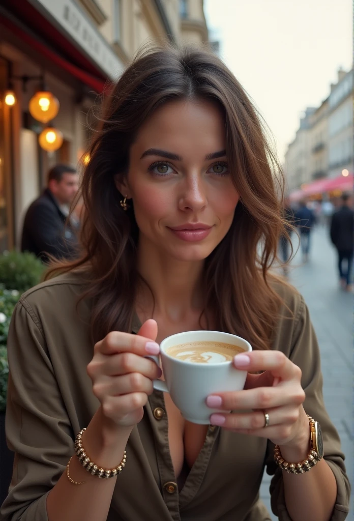 ultra realistic picture, Brunette taking a coffee in paris, not looking at the caméra, wearing a shirt with big tits, the background shows the place vendôme in ultra 4k
