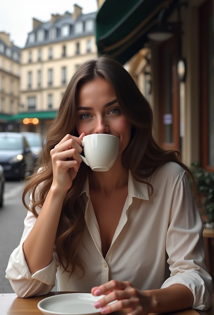 ultra realistic picture, Brunette taking a coffee in paris, not looking at the caméra, wearing a shirt with big tits, the background shows the place vendôme in ultra 4k