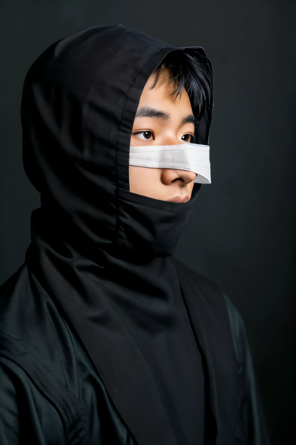A young Asian man with his eyes covered with a cloth, a black background with light from behind the object