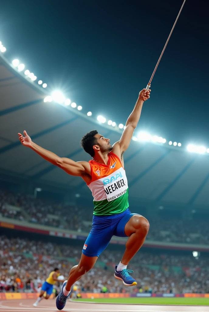 Create a dynamic image of Neeraj Chopra in mid-action, throwing a javelin during a silver medal-winning moment. He is captured in full athletic form, muscles tensed, and eyes focused as the javelin soars through the air. The stadium is packed with cheering fans, and the background shows the bright lights of the arena illuminating the scene. Neeraj is wearing his signature athletic gear with the Indian flag visible on his jersey. The atmosphere is intense, highlighting the peak of his performance