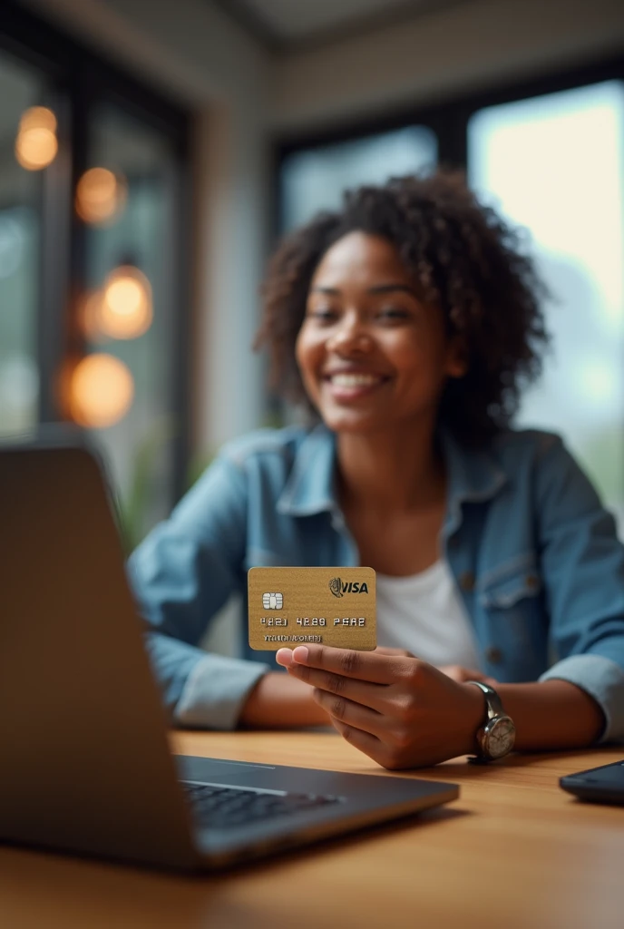Voici un prompt que
*"Un homme ou une femme souriant(e) utilise une carte Visa prépayée UBA pour effectuer un achat en ligne. La scène se déroule dans un environnement moderne et lumineux, avec un ordinateur portable ou un smartphone à proximité. La carte est tenue dans une main, bien en vue, avec le logo de la banque UBA clairement visible."*