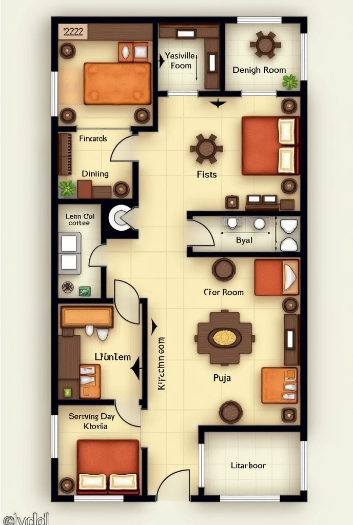 Create a large  2 dimensional house design for first floor according to Hindu vastu including a 3 rooms, a Puja room,a kitchen and washrooms  attached also include the dining area and drawing room near the kitchen. Also mention the rooms in english with arrows.