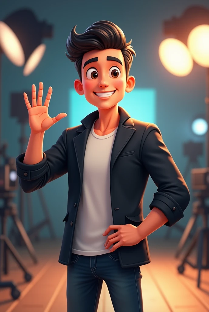 4d cartoon of a 34 year old Indonesian man, not too fat and not too thin, neat hair, clean face, wear casual clothes, black blazer, standing in the film studio room, right hand waving, left hand attached to the waist. For close up images