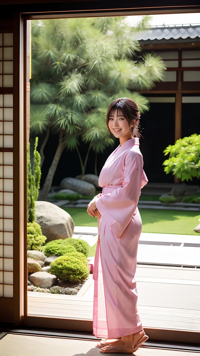 Tabletop, Highest quality, High resolution, Beautiful woman in pink kimono,Full body image,smile (A Japanese-style room with a view of the Japanese garden when you open the sliding door.),Full body image,Very good image,