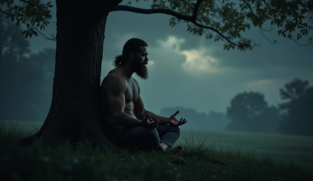 a muscular bearded man meditating in a dark forest under a tree, dramatic atmospheric lighting, dark cloudy sky background, hyperrealistic, cinematic, masterpiece, (best quality,4k,8k,highres,masterpiece:1.2),ultra-detailed,(realistic,photorealistic,photo-realistic:1.37),HDR,UHD,studio lighting,ultra-fine painting,sharp focus,physically-based rendering,extreme detail description,professional,vivid colors,bokeh,concept art
