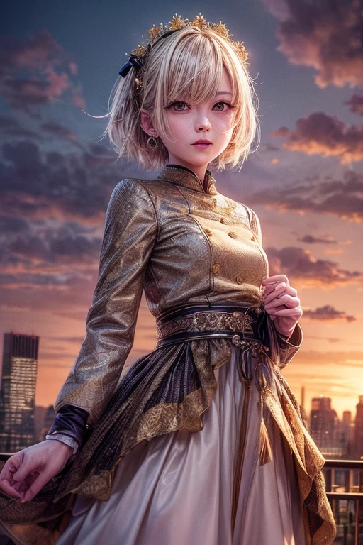 ((Masterpiece,best quality)),1 girl,alone, (((Chisato Nishikiki))), short hair, Light yellow hair, alone, set, Detailed eyes, look at viewer, long sleeve, stand, white set, glove,hair accessories, black jacket, smile, floating hair, Dutch corner, gag, look away, (Central Park),skyมีเมฆมาก, sky, Warm colors,