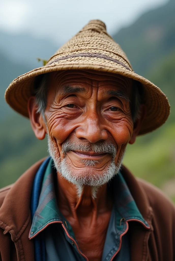 Greeting Namaste Old Asian faced Nepali  Limbu Male wearing Dhaka Topi