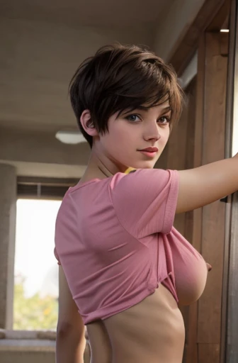 A  beautiful and slim girl, short hair, tomboy hairstyle, underboobs, wearing tight pink tshirt, breasts can be seen, a young handsome boy hugging her from behind and grabbing her breasts.