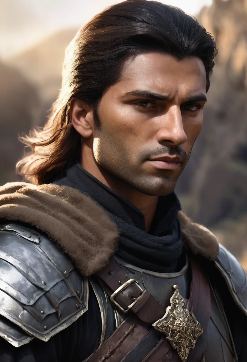 1 man, the background is a training camp, wearing a black medieval soldier outfit, detailed facial features, masculine brown eyes, detailed dark tan skin, long length dark brown hair, thick eyebrows, dramatic lighting, cinematic composition, moody light palette, dark colors, atmospheric haze, square jaw, soft face, strong and handsome man, adult man, ultra realistic, profile picture, adult man (best quality, 4K, 8K, high resolution, art: 1.2), ultra detailed (realistic, photorealistic, photorealistic: 1.37)