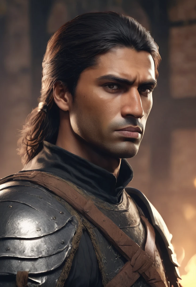 1 man, the background is a training camp, wearing a black medieval soldier outfit, detailed facial features, masculine brown eyes, detailed dark tan skin, long length dark brown hair, thick eyebrows, dramatic lighting, cinematic composition, moody light palette, dark colors, atmospheric haze, square jaw, soft face, strong and handsome man, adult man, ultra realistic, profile picture, adult man (best quality, 4K, 8K, high resolution, art: 1.2), ultra detailed (realistic, photorealistic, photorealistic: 1.37)