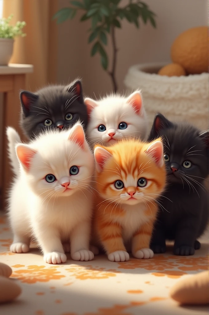 There are 1 orange kitten, 2 white, 1 black, and 1 black orange