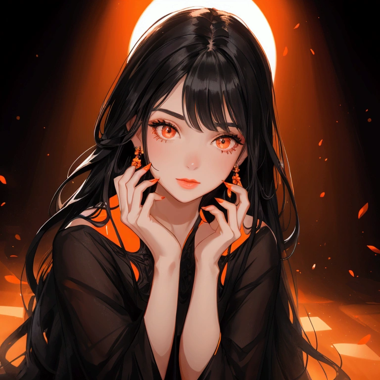 Beautiful young woman with long black hair wearing a night dress. The background is a stage with orange and black tones. There is a spotlight shining on her face. Close-up.