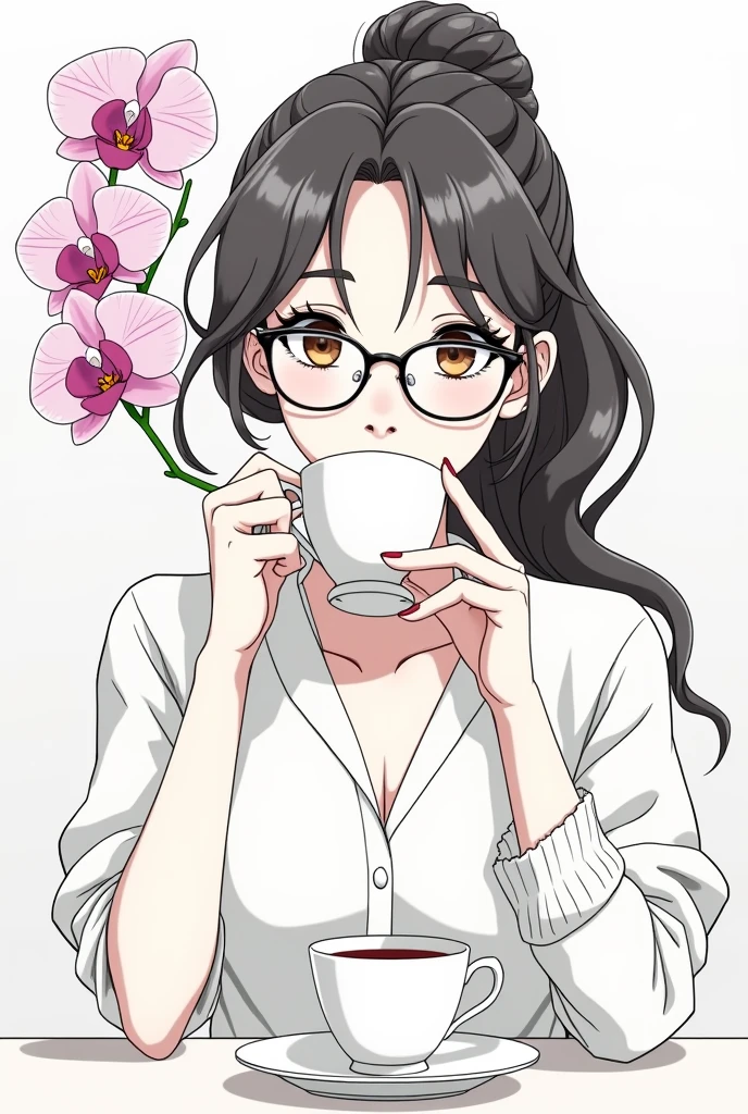 (Super Hero) (Girl) (Orchid) (Anime) (Cup of tea) (Elegance) (Minimalist line) (Glasses) (Front)