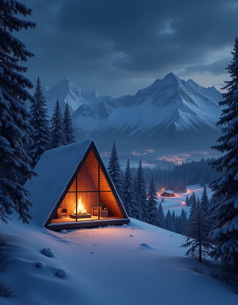 sky dark night .In night christmas. A bedroom warm in a wooden house made of glass triangular with a fireplace .overlooking outside the white snow in the mountain forest.In the distance, a few small houses lit up with Christmas lights in the forest