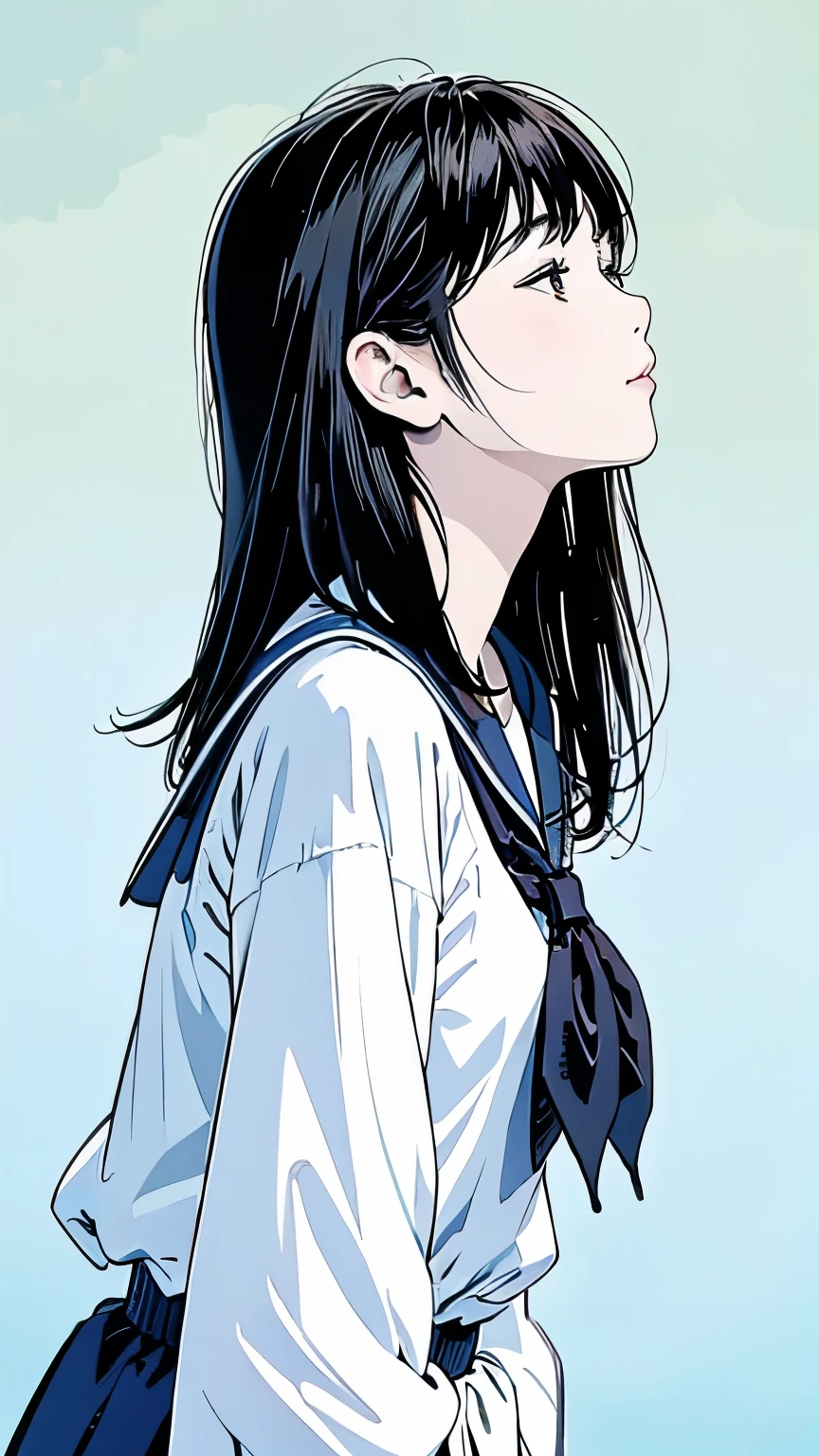 Master Painting、Optimal quality、downpour、woman、Very depressive、 black hair、Look Up、profile、Upper Body、Sailor suit、Moderate bust、Asian