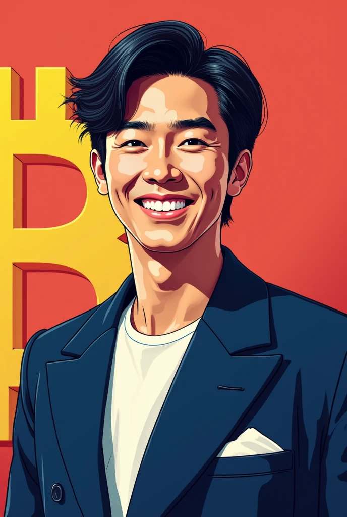 (masterpiece, Highest quality:1.1),Pop Art,Flat Color, Man in Black, A man wearing a navy blue double-breasted jacket,The jacket is buttoned,Her hair is semi-long and center-parted.,Bitcoin background, Dynamic Angle,35-year-old male,Japanese men,A white T-shirt underneath the jacket,smile,White teeth visible,The head is placed within the frame,Hairstyle is two blocks,White pocket square,