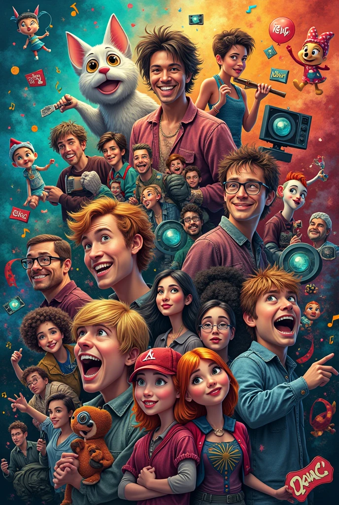 Make an image with music articles, movies and cartoons