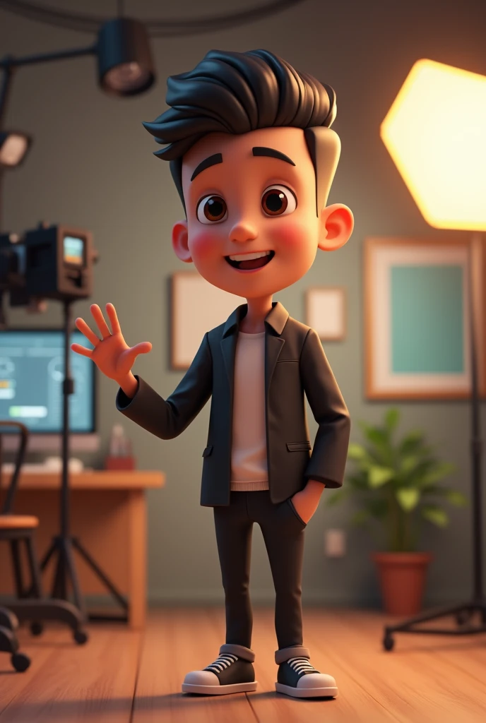 4d cartoon of a 34 year old Indonesian man who is not too fat, neat hair not stylish, clean face, wear casual clothes, black blazer, standing in the film studio room, right hand waving, left hand attached to the waist. For close up images. high resolution.