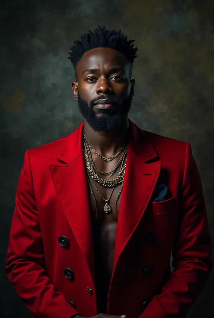 create black man, with a thin beard to shave, wearing a hat, wearing a red overcoat, Wearing necklaces, showing the whole body, with dark background in stone texture